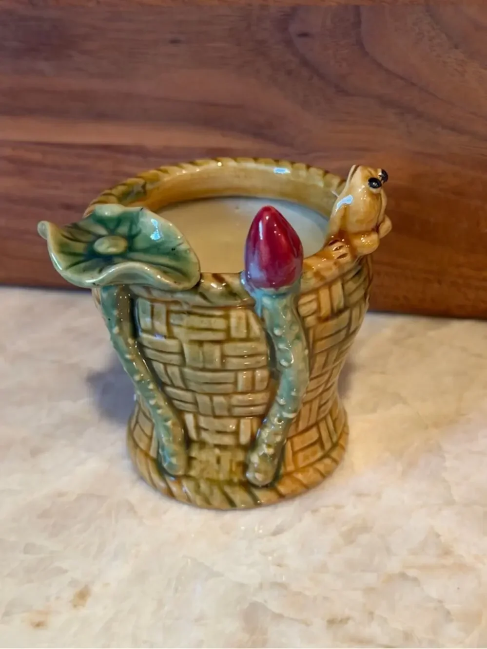 Vintage small pottery vase majolica frog and lily pad